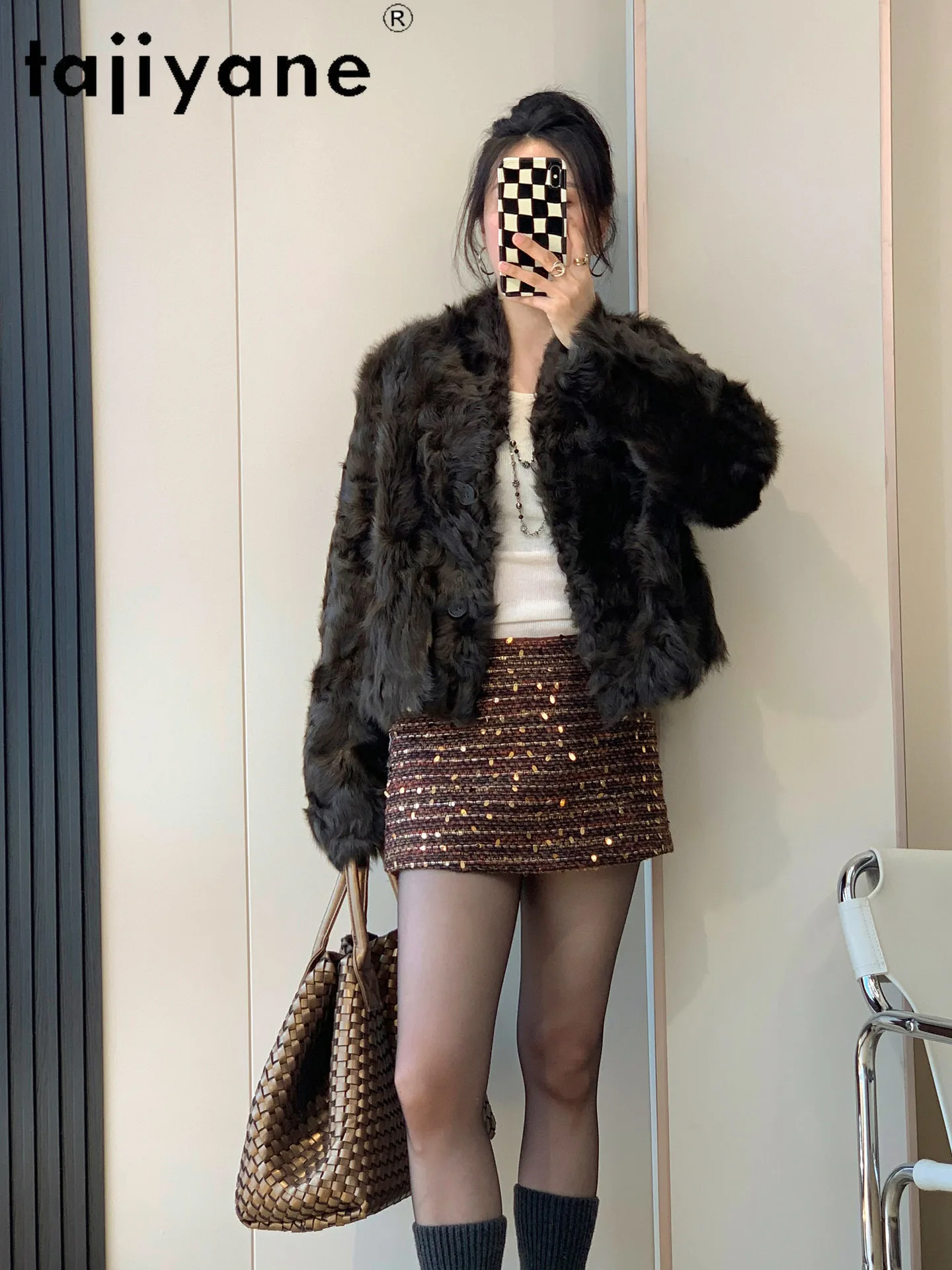 معطف فرو عكسي من صوف الغنم من صوف الغنم الحقيقي 100% من TAJIYANE للنساء 2025 ملابس خارجية شتوية قصيرة أنيقة ملابس نسائية أربعة