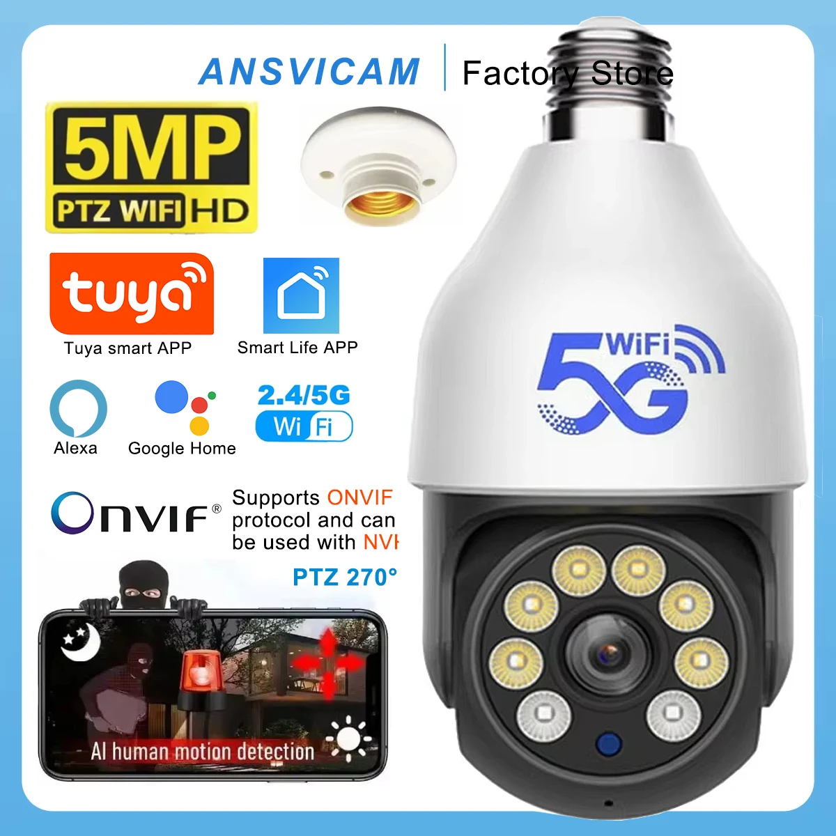 ANSVICAM 5MP Bulb IP WIFI Camera 5G WiFi TUYA Smart Life Alexa Google Home Waterproof Outdoor Night Vision Security Video Camera