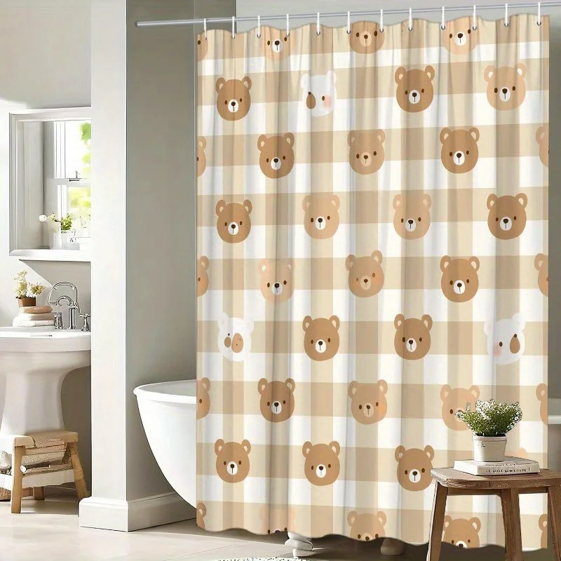 

1 шт. занавеска для душа с милым лицом медведя — бежевый и кремовый клетчатый, иллюстрации игривого медведя, 70,8x70,8 дюйма, 12 крючков, моющийся полиэстер