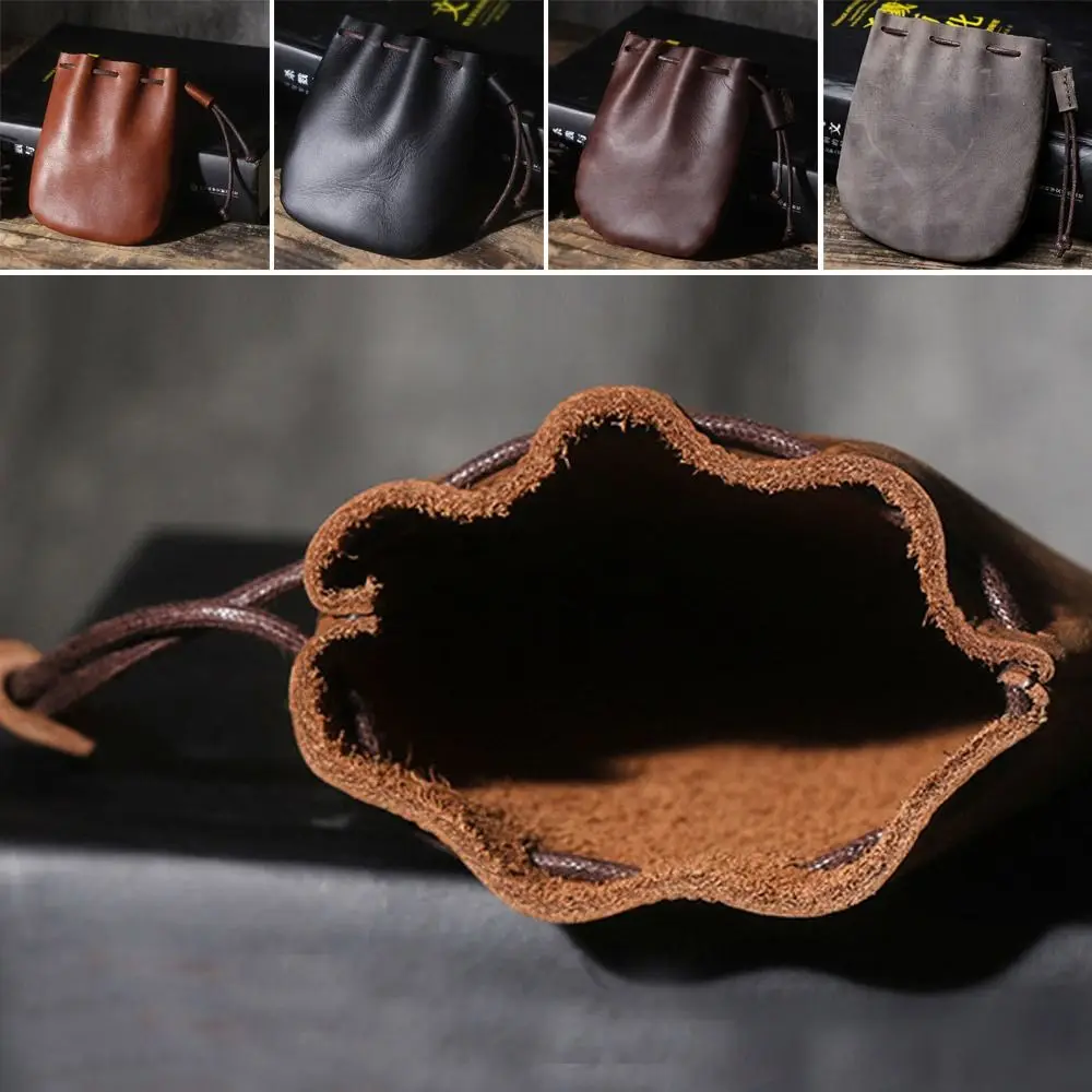 Vintage Leather Coin Pouch Drawstring Strap Multicolour Storage Bag Purse Casual