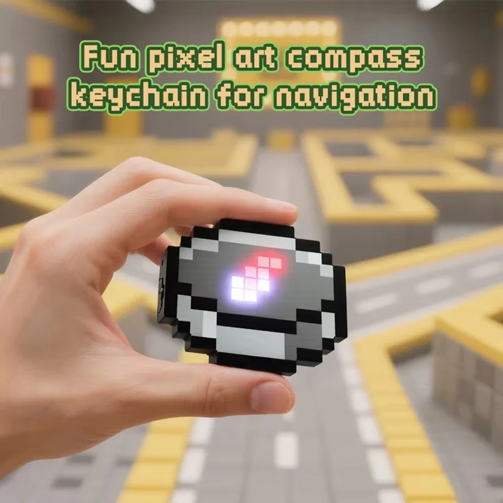 3D Pixel Compass Pendant Keychain Glow-in-the-Dark Gaming Themed USB Rechargeable Directional Indicator Simple Design Gift