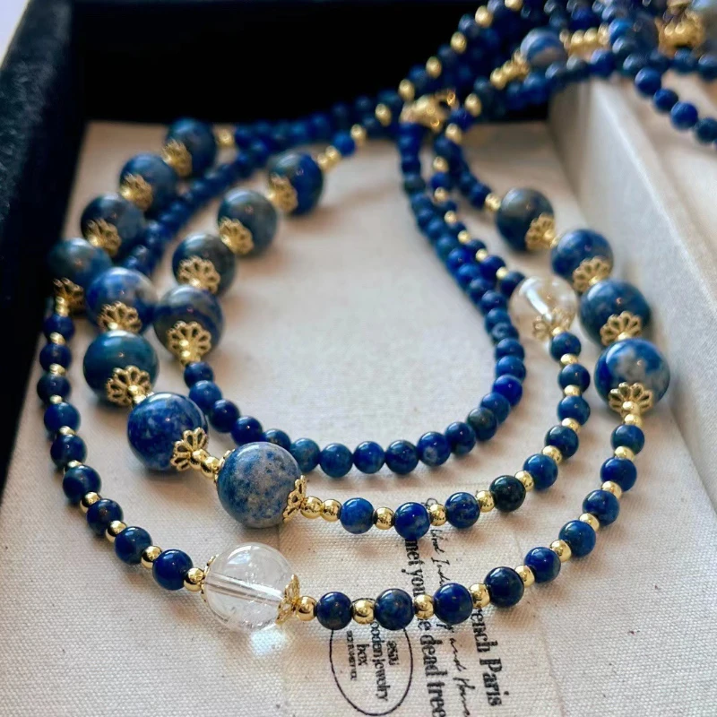 

Chinese Retro Natural Lapis Lazuli and White Crystal Women's Necklace Collarbone Chain Necklace Sweater Chain Jewelry Gift