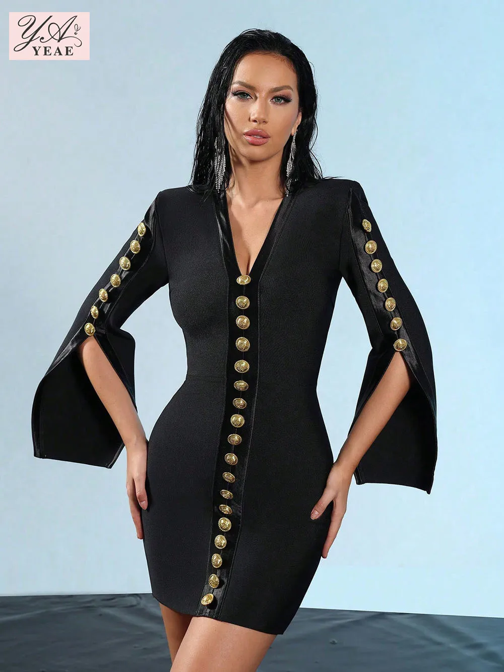 

Sexy V-Neck Single Breasted Split Flared Sleeve Design Bodycon Bandage Mini Dress Women'S Club Cocktail Party Dress