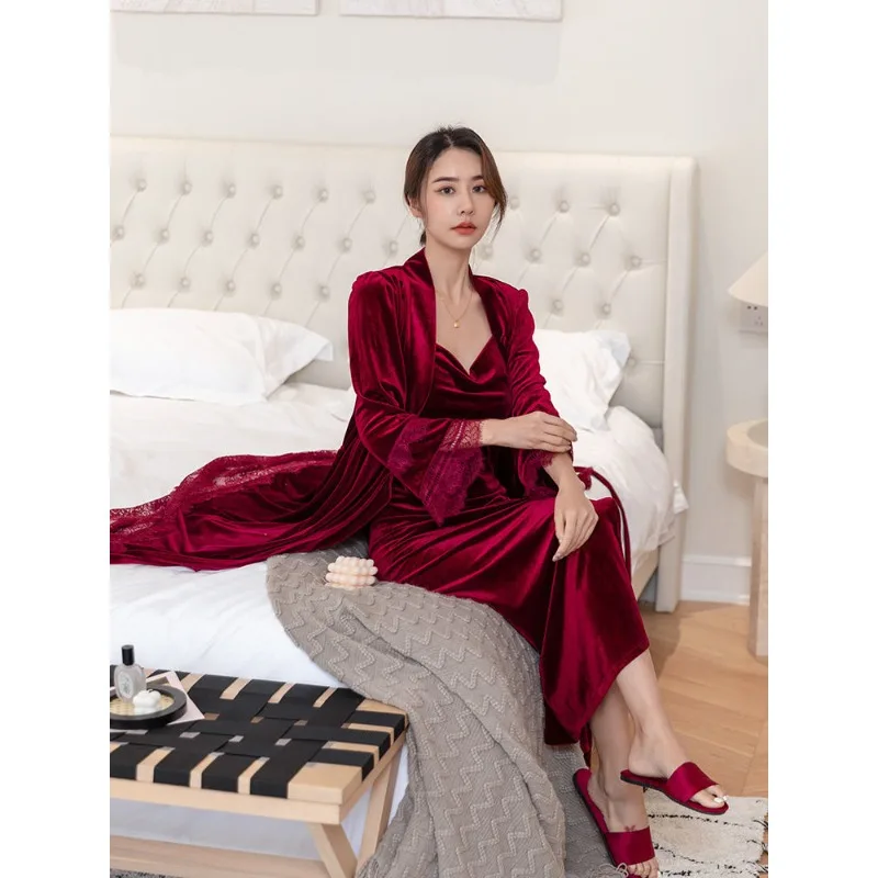 Long Sleeve V-neck Camisole Nightgown 2-piece Set Robe Solid Velvet Sleepwear Dress Wine Red Sexy Slit Lace Up Cardigan Pijama