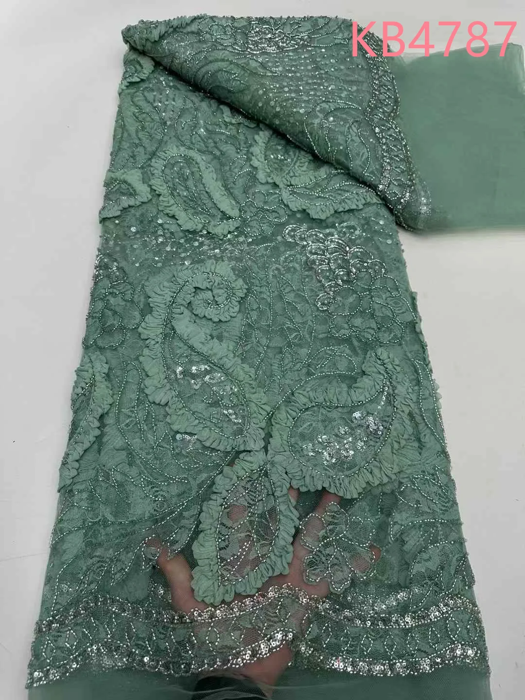 Oliver Green Beads Lace Fabrics 2025 High Quality Wedding Dress Burnt Orange Beaded Lace Fabric With Sequence For Sewing KB4736