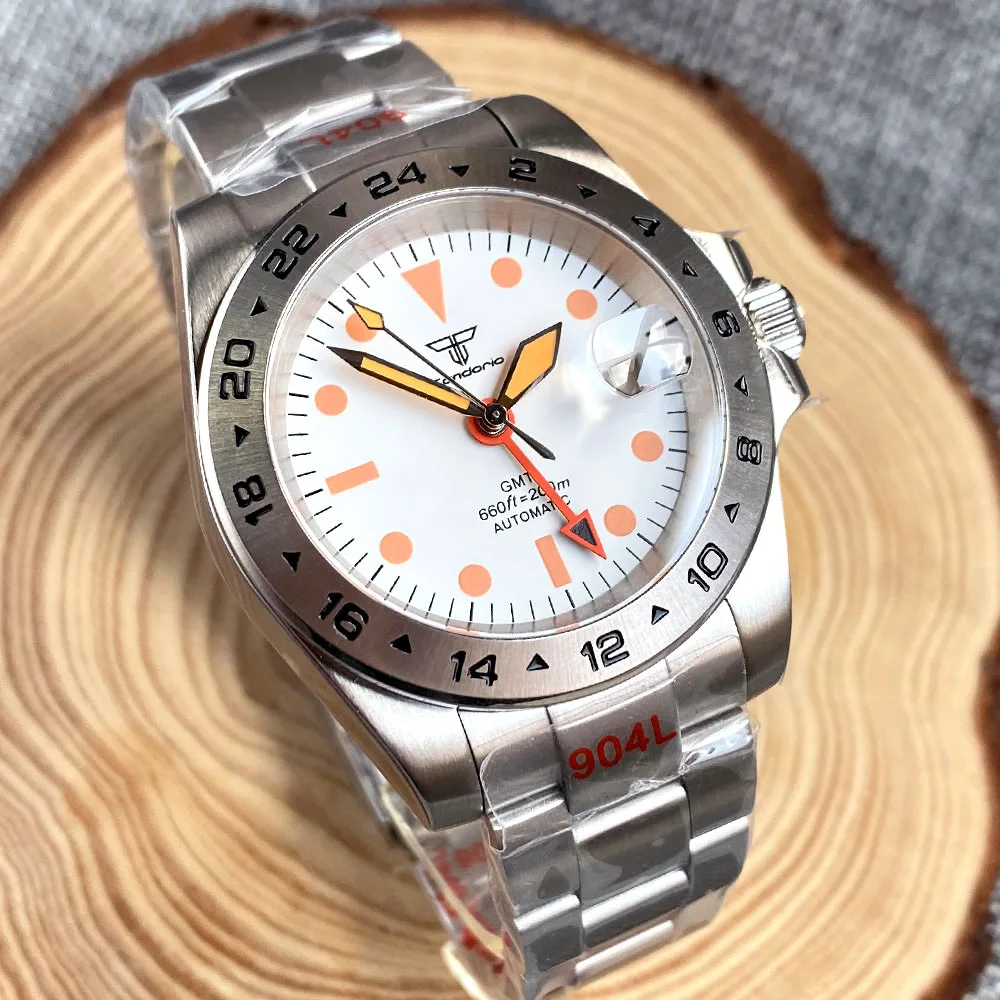 Tandorio Diving NH34 GMT 20ATM Waterproof 39mm Black White Mechanical Automatic Watch For Men Stainless Steel Clock Orange Hands