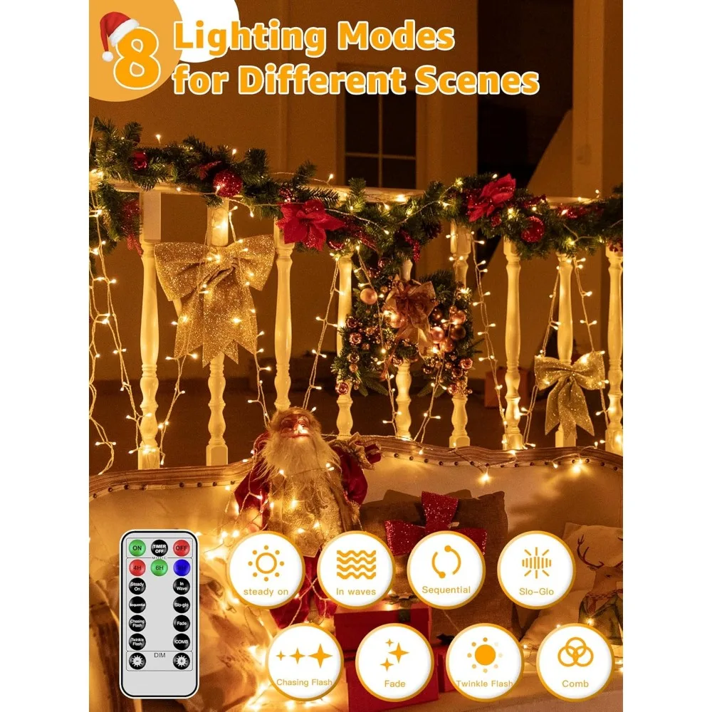 Рождественские гирлянды 1200 светодиодов, 196 футов, 8 режимов, гирлянды с регулируемой яркостью, пульт дистанционного управления и таймером, водонепроницаемые для праздничных украшений
