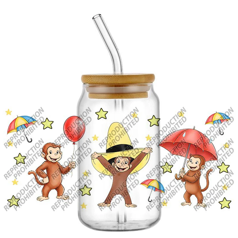 Hotsale Lovely Cartoon Curious George 16oz UV DTF 3D Sticker Decals High Quality For Glass Can Cup Craft DIY Gift Creative
