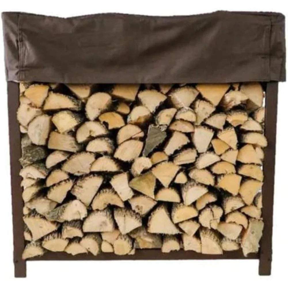 3 Foot Brown Firewood Rack With Cover - Metal Log Holder - Made In USA - Strong Powder Coat Finish , Indoor Outdoor Firewood