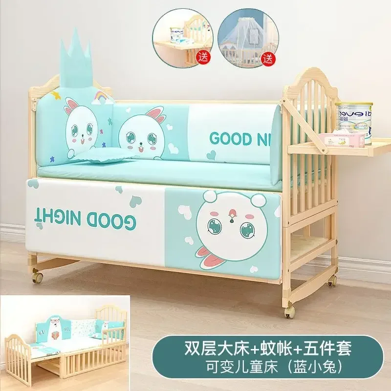 Baby Crib Splicing Large Bed Solid Wood Unpainted Multifunctional Bb Cradle Bed Baby Crib Movable Baby Crib