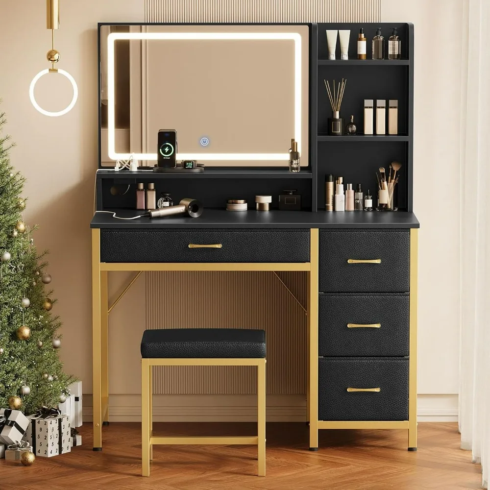 

Vanity Desk with Mirror and Lights, Makeup Vanity with Upholstered Vanity Stool, 4 Drawers, Power Outlets, with 4 Compartments