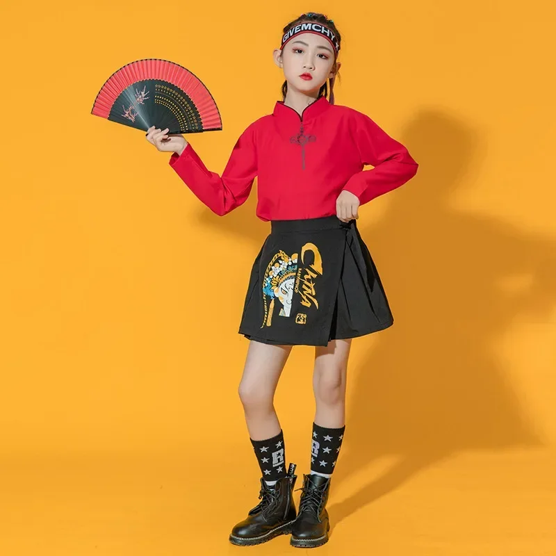 Hanfu chino tradicional año nuevo rojo camisa Top negro Pantalones Falda para niñas y niños traje de actuación de baile de escenario ropa