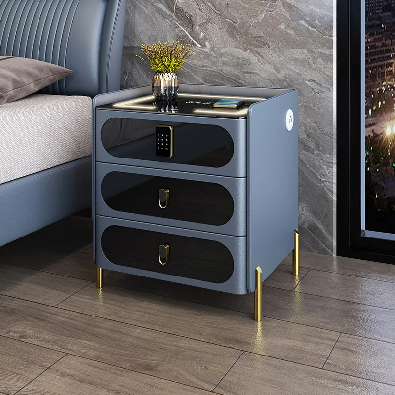 Smart Nightstand Bedside Table Password Lock Wireless Qi Charging Touch Control LED Lamp Minimalist Luxury Bedroom Storage