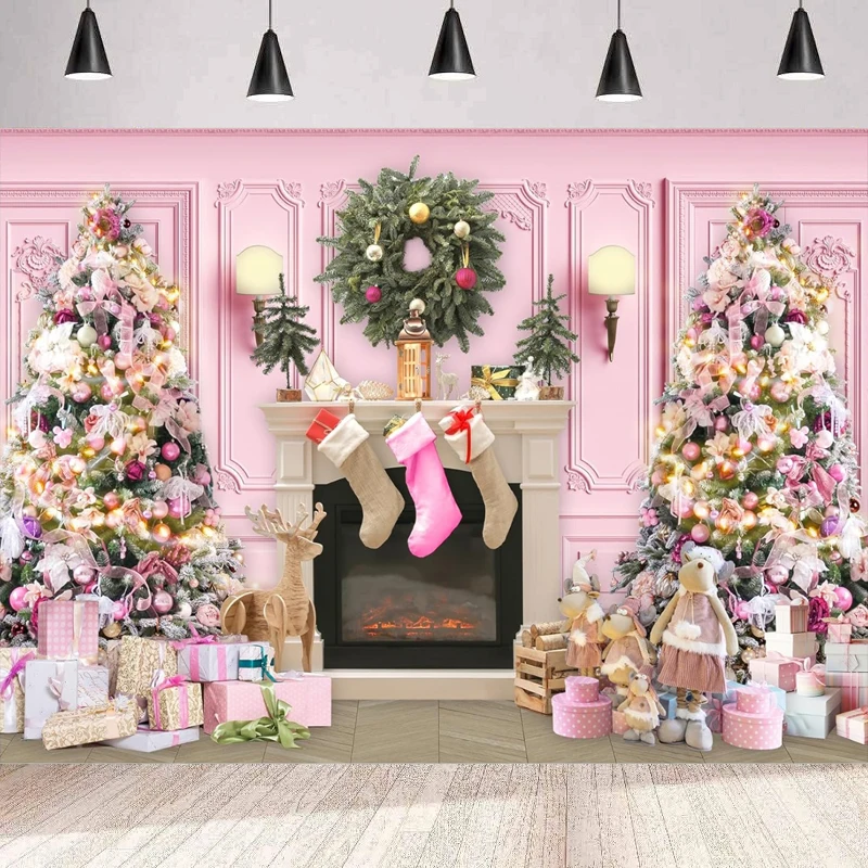 Pink Christmas Photography Backdrop Merry Xmas Pine Tree Fireplace Tree Stocking Gifts Winter Happy New Year Girls Background