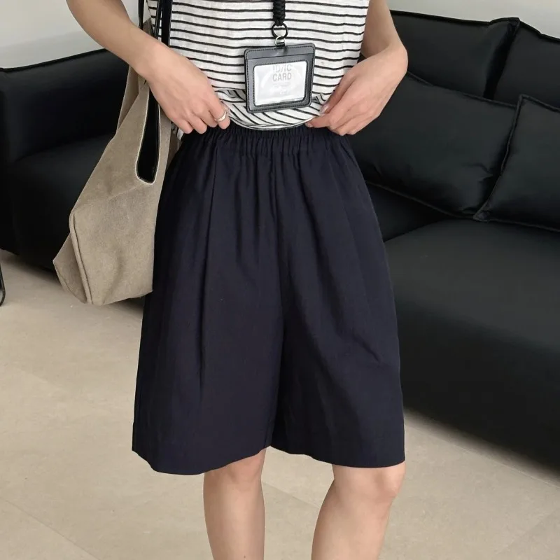 Pantalones Cortos de Lino y Algodón Delgados y Sueltos para Mujer, Pantalones Cortos Blancos de Algodón para Mujer, Casuales de Verano, Elásticos, de Cintura Alta, de Pierna Ancha, Tipo Bermuda
