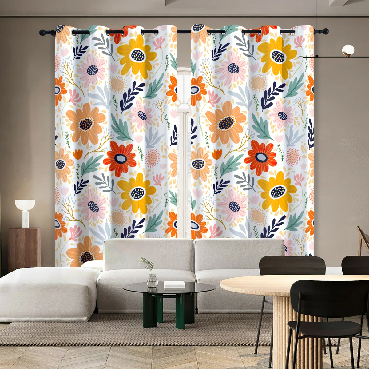 Vintage Floral Yellow Flower Curtains with Green Leaves，70s Psychedelic Daisy Design Blackout Curtains for Bedroom 2 Panels Set