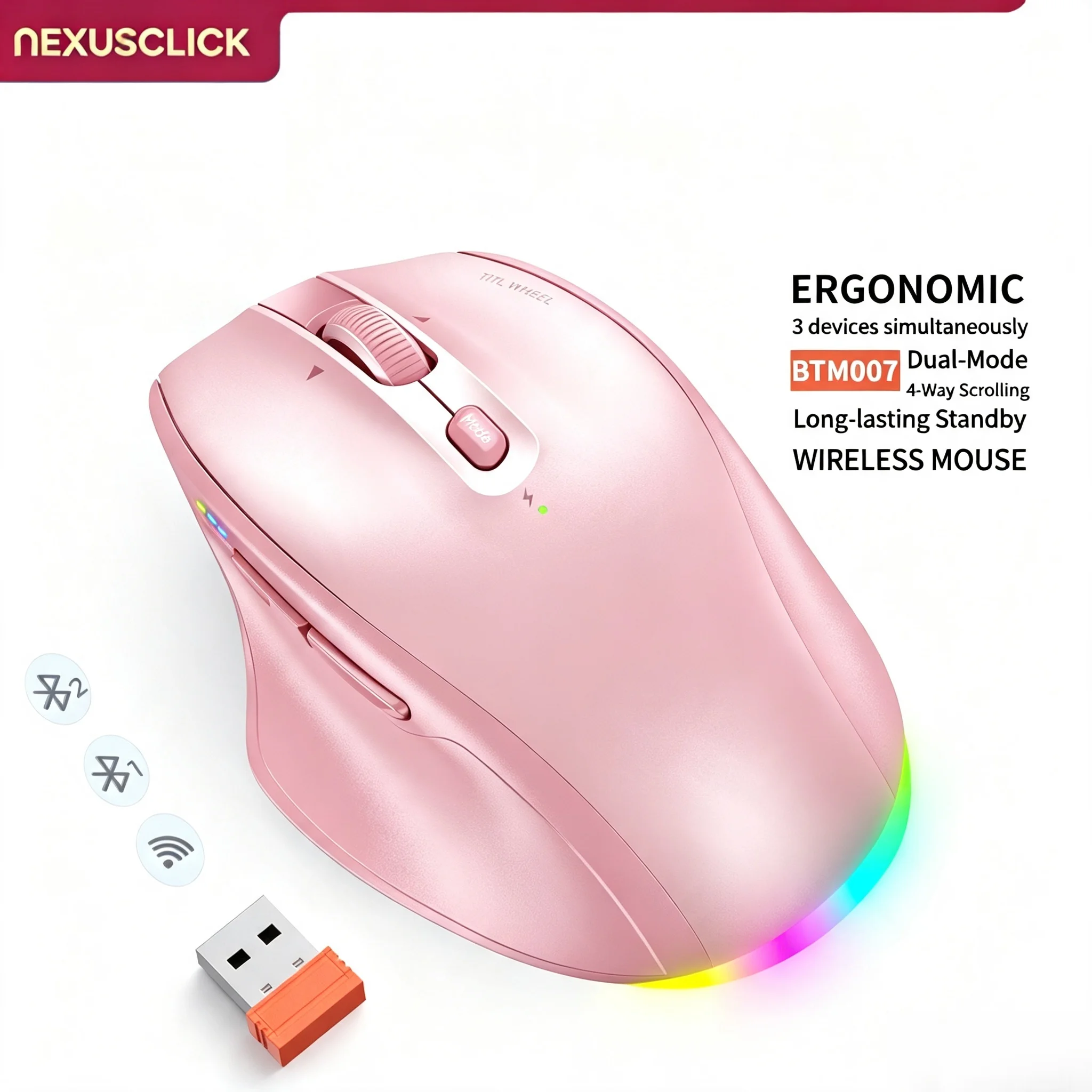 NexusClick Rechargeable Wireless Mouse, Ergonomic with Thumb Rest,Dual Mode, RGB Backlit,Silent Click,Multi-Device,for PC Office