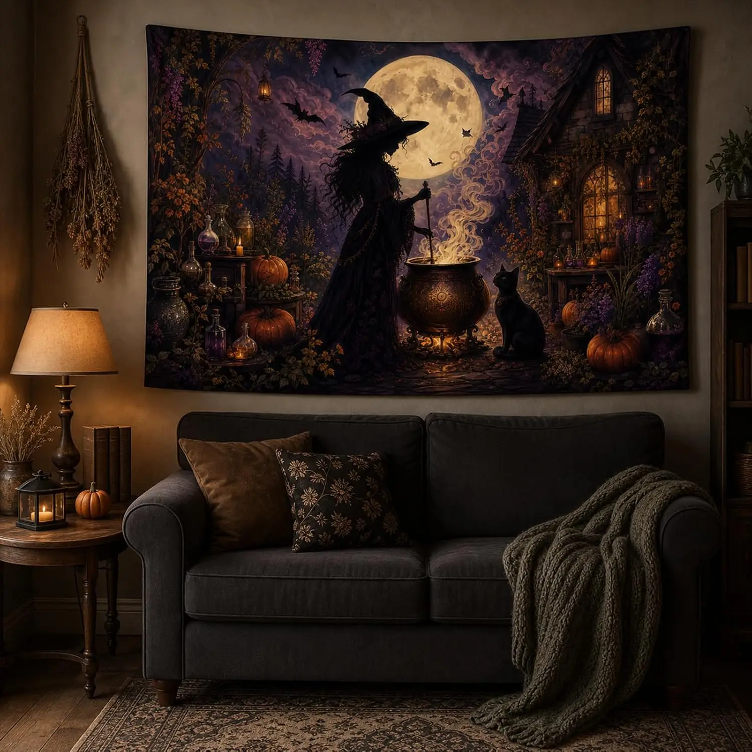 Wall Tapestry Large Wall Hanging Halloween Witch Cauldron Black Cat Gothic Full Moon Bedroom Living Room Dorm Decor