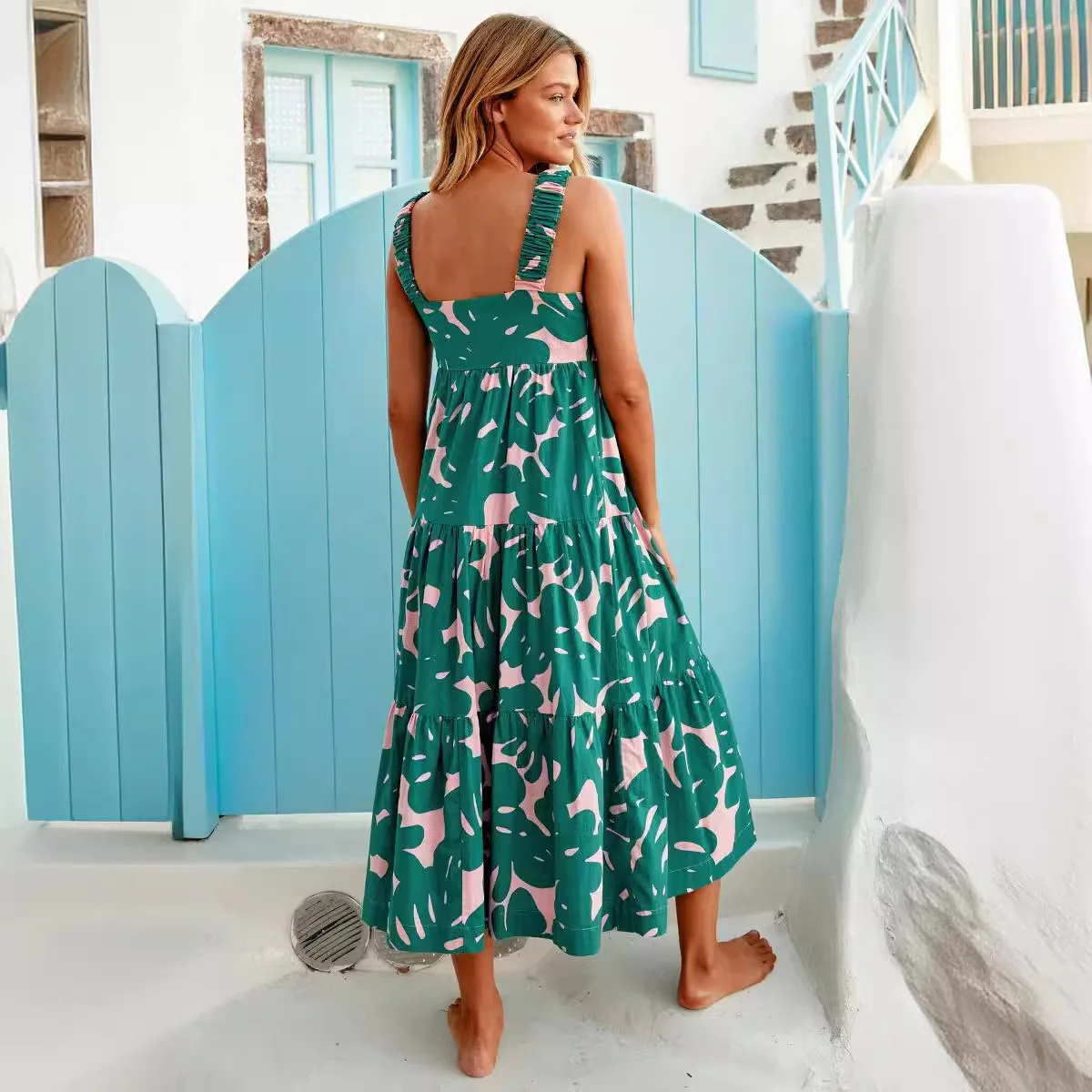 夏のビーチフローラルプリントロングドレス レディース フロア丈Aラインガウン ハイウエスト ポリエステル素材 ベイオニック スリーブレス 薄手生地