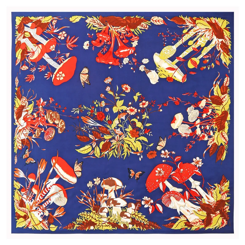 POBING Silk Scarf Women Large Shawls Plant Mushroom Print Stoles Square Bandana Luxury Kerchief Hijab Female Foulards 130CM