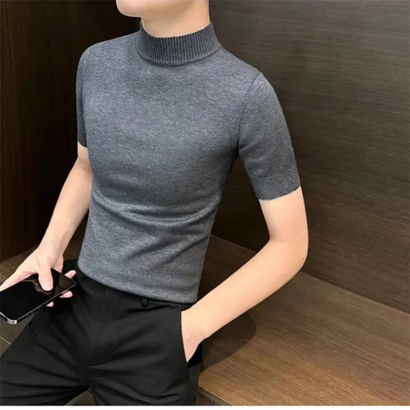 

Autumn Winter Men'S Knitted Short Sleeve Half Turtleneck Inner Sweater Men'S Half Sleeve Base Shirt Solid Color Warm To