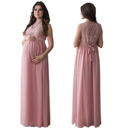 Lace Pregnant Long Dress Women Casual Long Sleeve O Neck Hollow Out Evening Party Long Maxi Maternal pregnancy dresses DS19