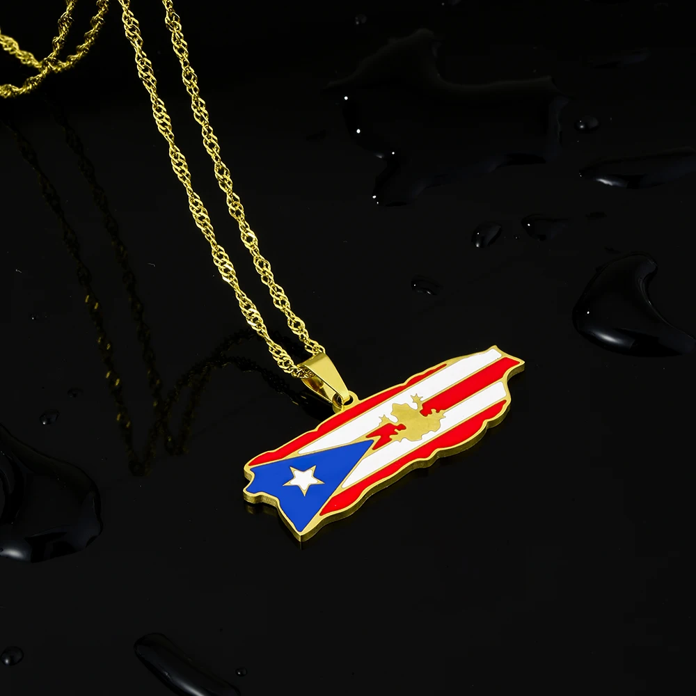 Fashion US Puerto Rico Map Flag Pendant Necklace Stainless Steel Men Women Gold Silver Color Maps Jewelry Gift