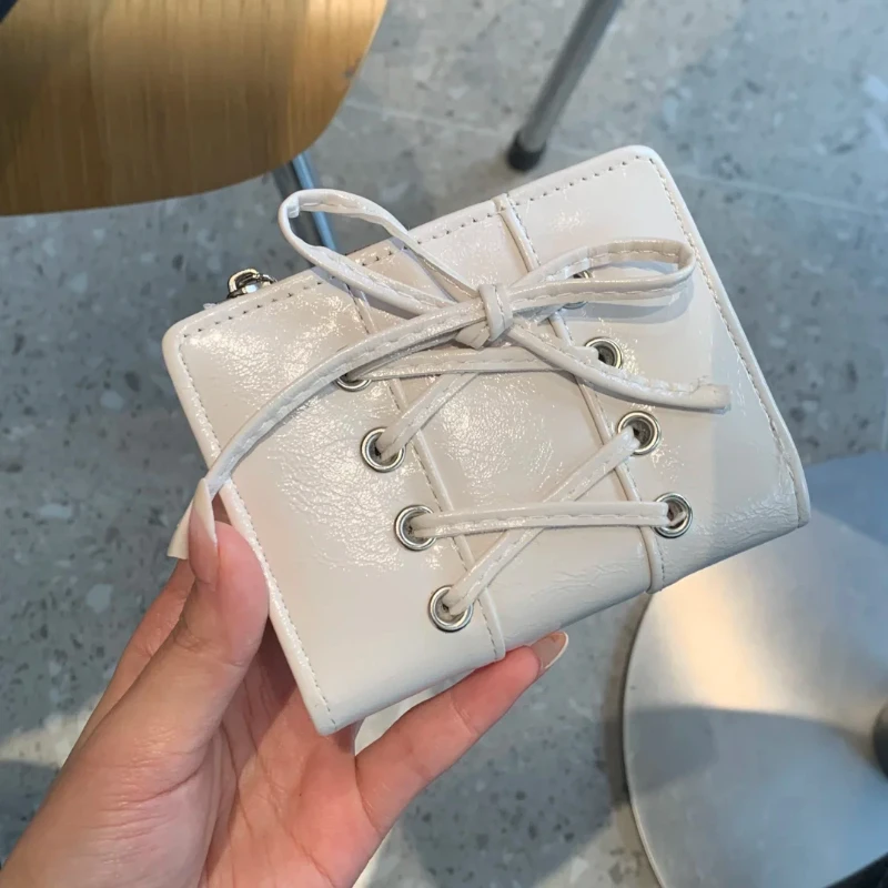 Lace-up Faux PU Bi-fold Wallet for Women, Multi-card Slots ID Window, Side Zipper Coin Pocket, Mini Portable Student Purse