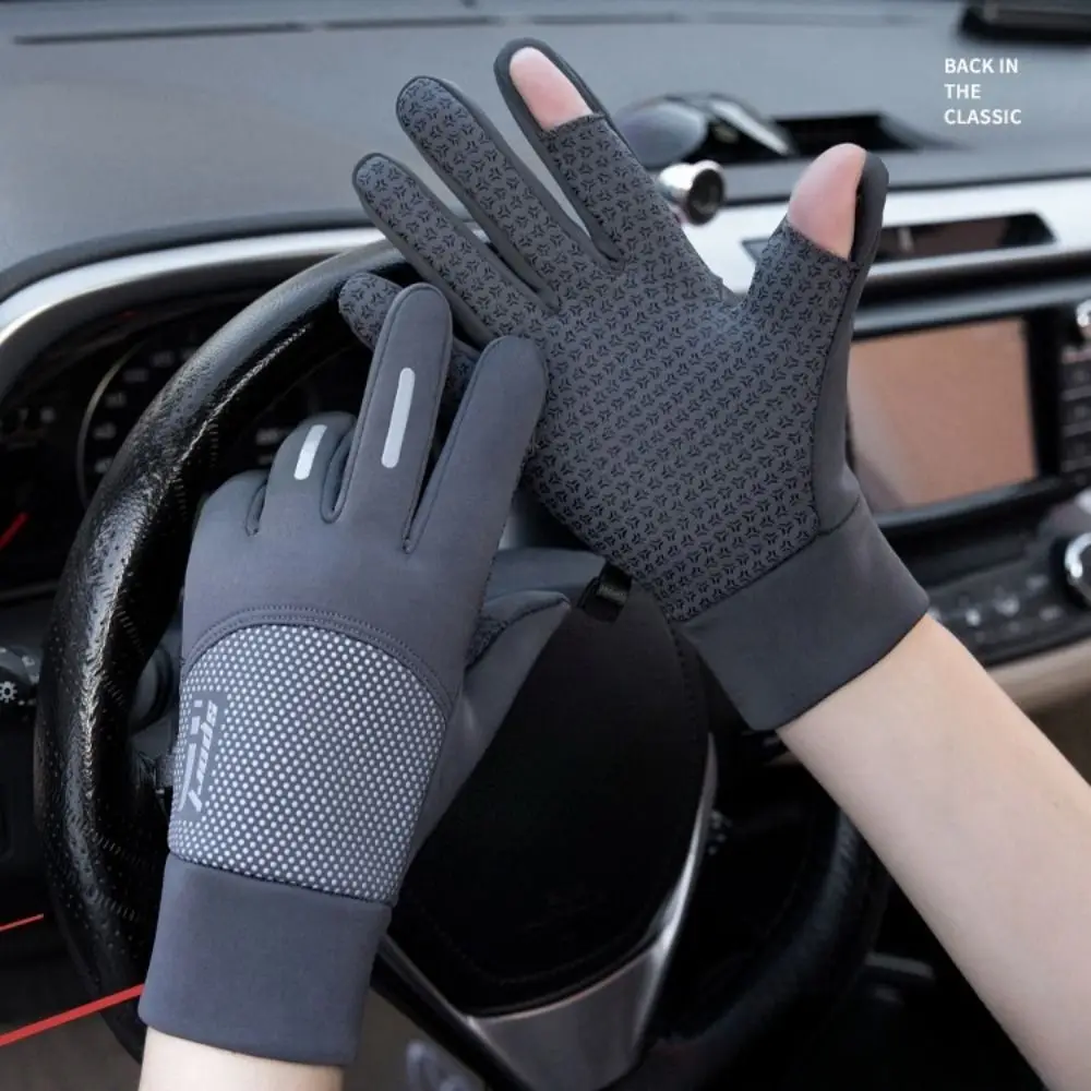 Solid Color Fingerless Gloves Men Clamshell-type Fleece-lined Men's Cycling Gloves Mittens Anti-slip Touch Screen Gloves