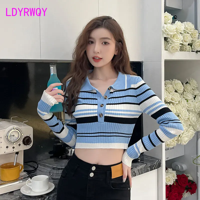 2022 New short belly button top Dongdaemun stripe personality high knit foundation