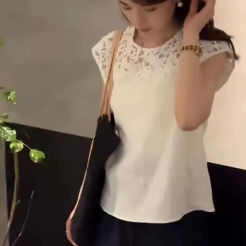 Gilet con finiture scavate in pizzo retrò Donna Estate Faion Allentato rotondo Ne Svel Base irt Top Cleanfit U-ne Ricamo