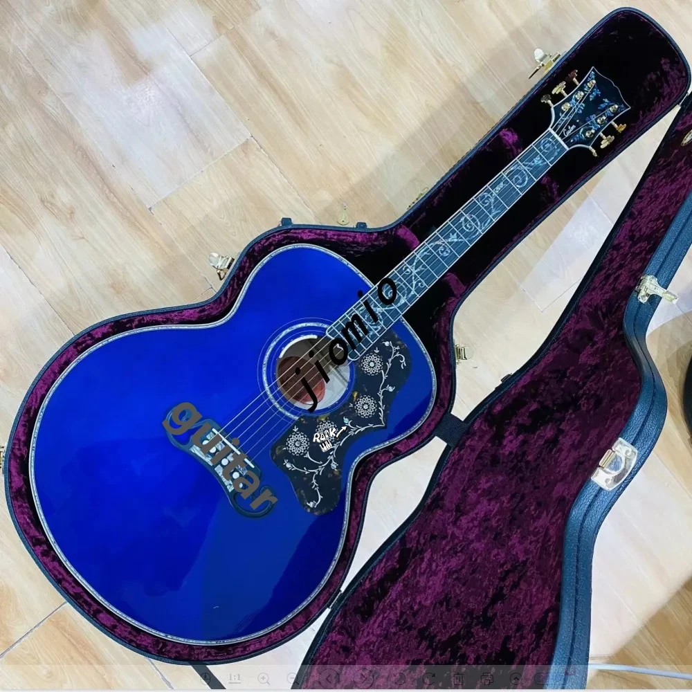 

43-inch full solid wood sky blue J200 mold with B1 pickup and hard box, power transmission box, wooden guitar