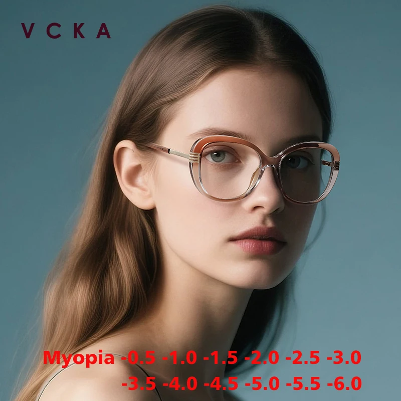 

VCKA Women Myopia Glasses Progressive two-tone color Big Frame Fashion TR90 Anti-blue Light Prescription Eyewear -0.50 TO -6.0