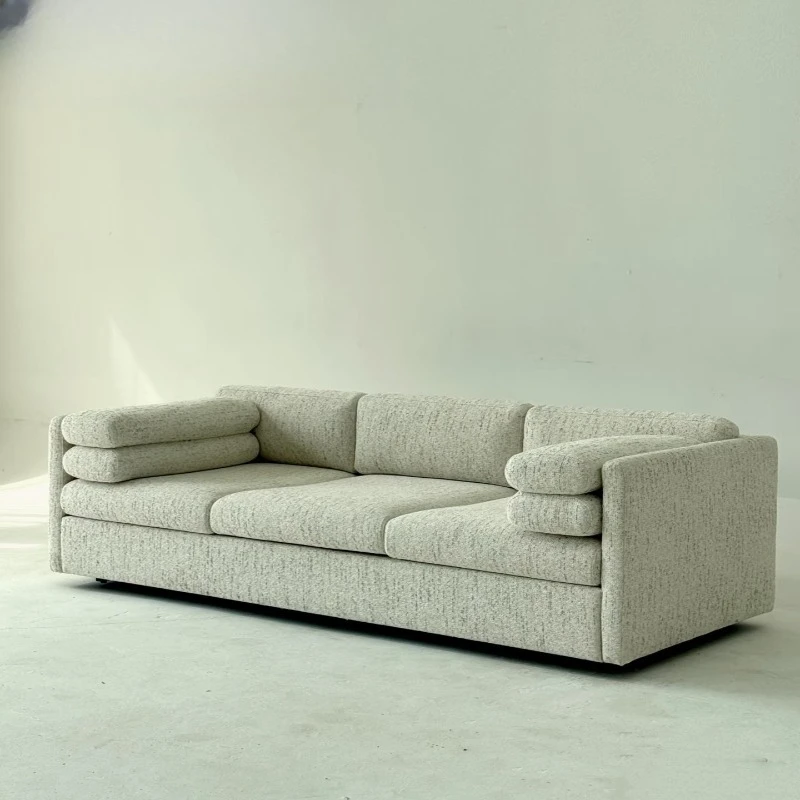 

Designer in-line knitted cotton and linen three-seater lazy casual retro old money style small apartment living room sofa