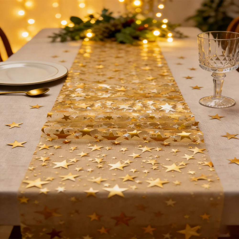 

11*108in Gold Star Glitter Table Runner | Metallic Mesh Table Linen for Party Dinner, Wedding and Home Decor