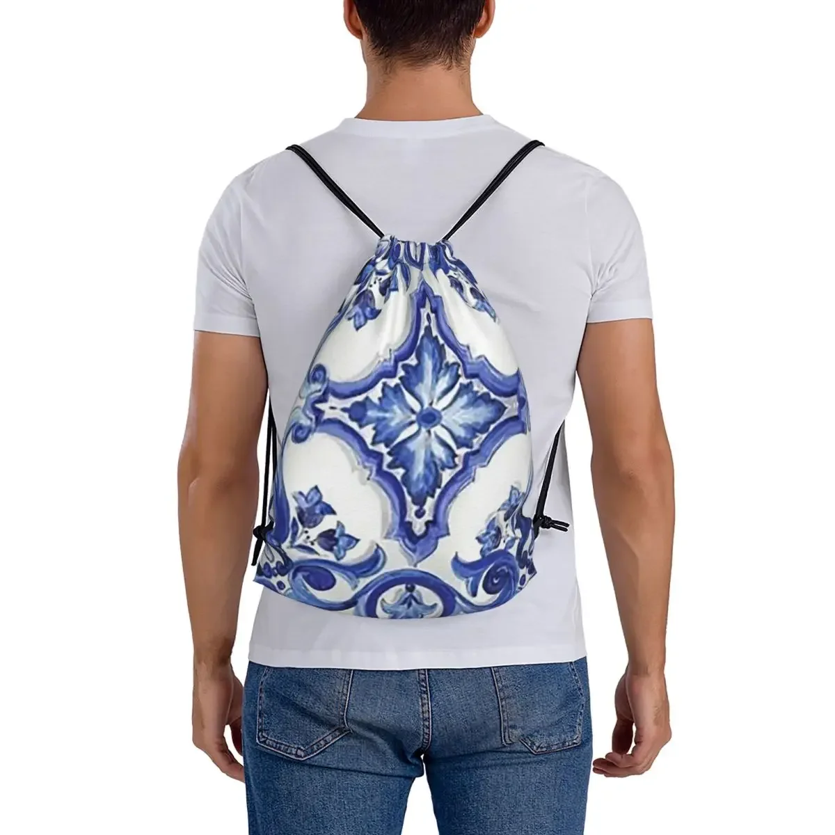 Blue Ornate Floral Mediterranean Sicilian Tile Backpacks Casual Drawstring Bags Sports Bag Book Bags for Travel School