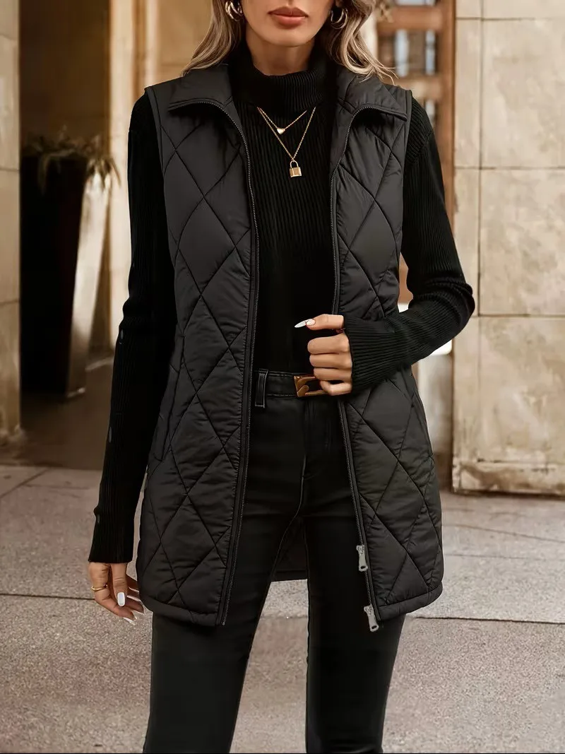 Stand Collar Coat Quilted Mid Length Elegant Commuter with Winter Diamond Pattern Mid Long Length Winter Vest Casual Women Vest