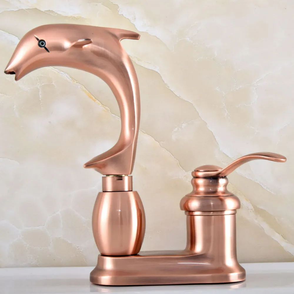 Antique Red Copper Bathroom Basin Faucet Dolphin Shape Style Vanity Sink Mixer Tap Deck Mounted Hot And Cold Mixer tsf837