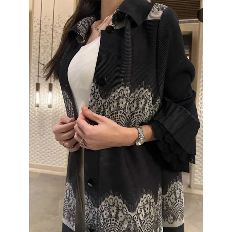 Abayas-vestido de renda plissado para mulheres, lapela solta, linha longa do Oriente Médio, plus size