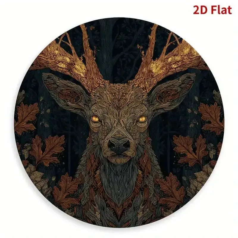 2D Flat, Handmade Metal Deer & Dark Green Golden Leaf Wall Art - 19.99cm Round Dark Blue & Golden Stag Painting for, Bakery, Tea