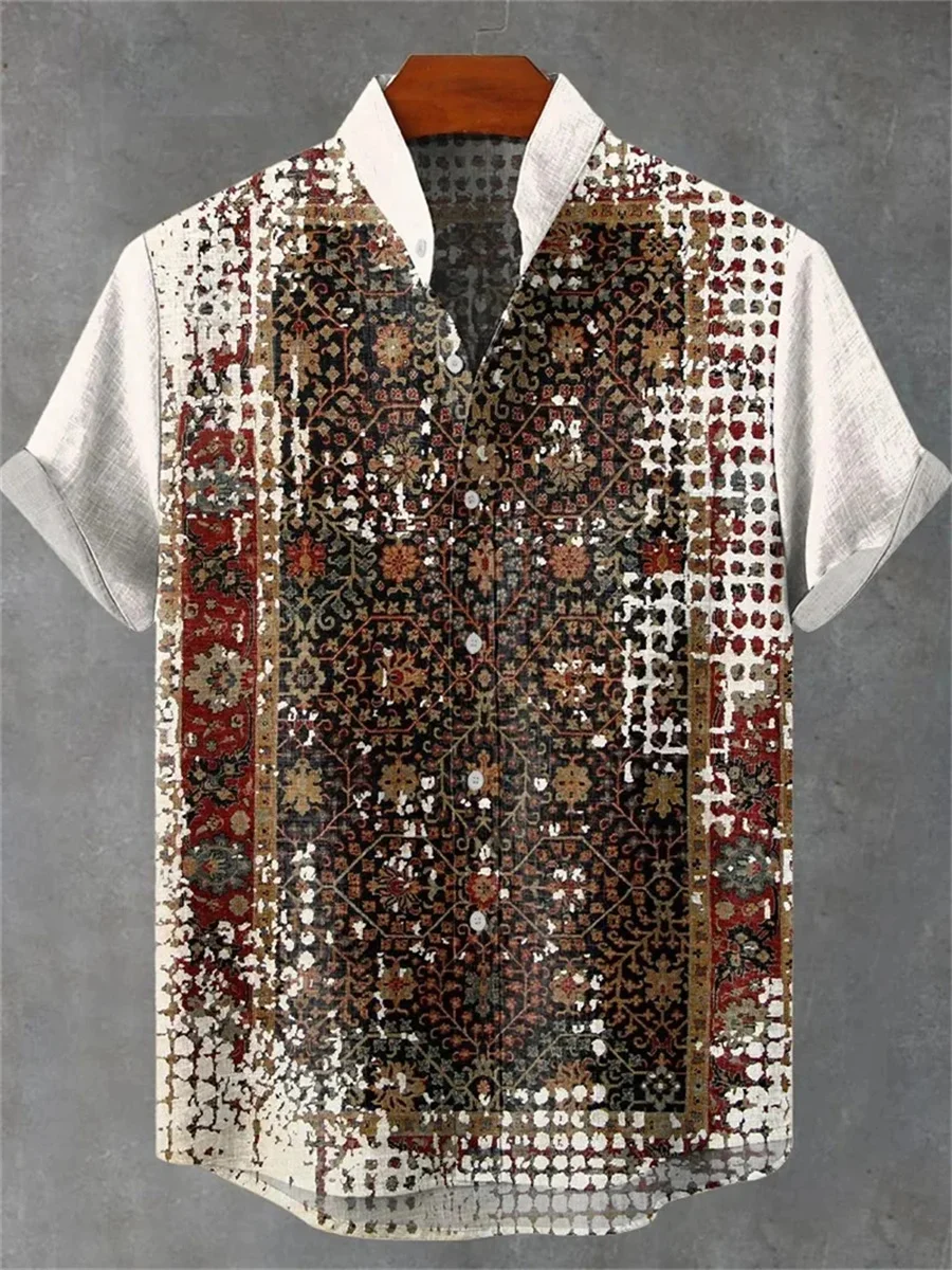 Hawaiian Shirt Men's 3D Art Print Linen Stand Collar Shirt Loose Beach Shirt Summer Casual Holiday Button Shirt