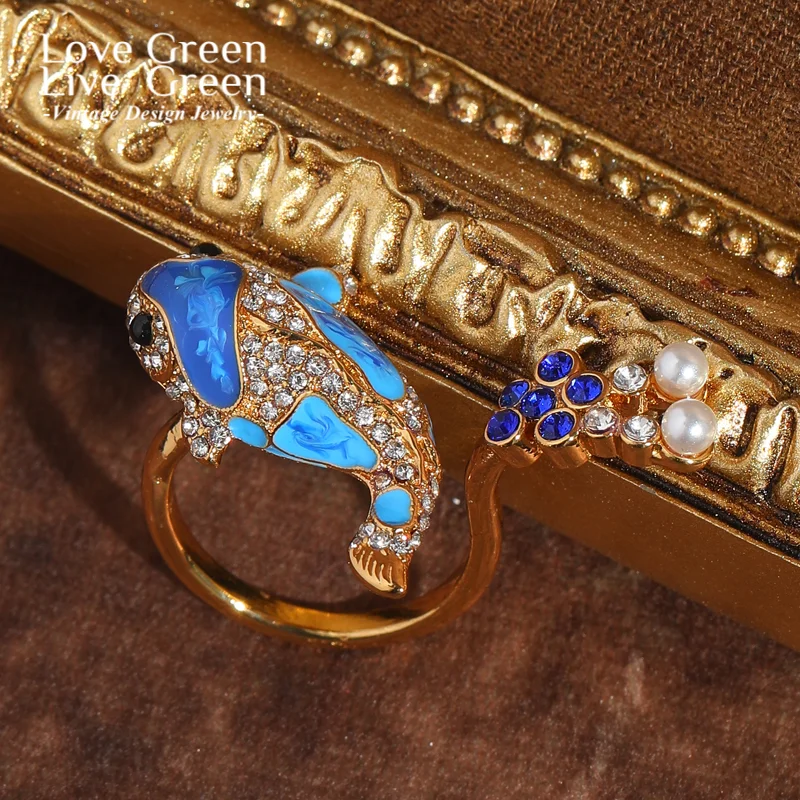

Vintage Blue Enamel Fish Rings Pearl For Women Adjustable Gold Color Rhinestone Quality Luxury Jewelry Designer Gifts Wedding
