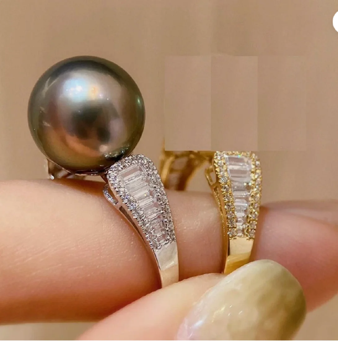 

HUGE AAAA 11-12mm Round natural south sea Black pearl Ring 925S