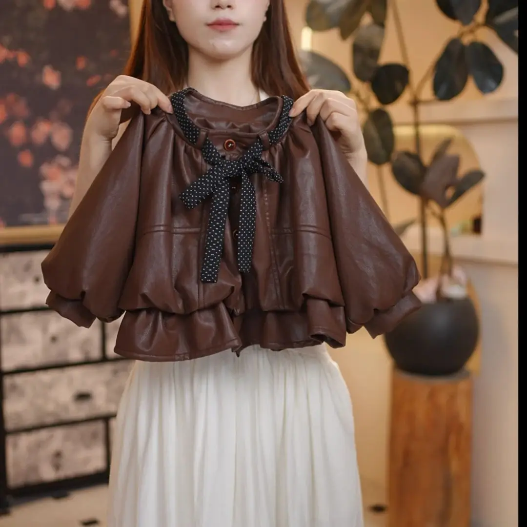 Girls Leather Jacket Spring Autumn New Kids Round Neck Casual Brown Coat Baby Toddler Fashion Children Outerwear Clothing
