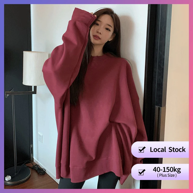 【سويت شيرت كبير الحجم】(40-150 كجم) ملابس خارجية بأكمام طويلة على الطراز الأمريكي القديم عادي بالإضافة إلى حجم رفيع فضفاض وسحب فوق قمصان فضفاضة