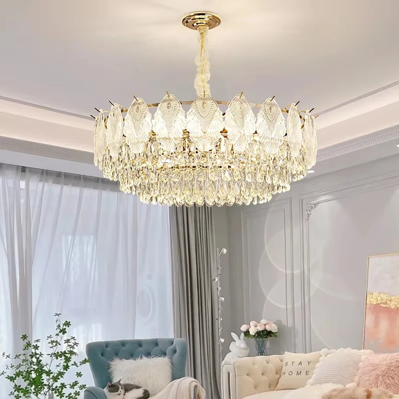 

French Luxury Crystal Chandelier For Living Dining Room Bedroom Modern Round Oval Glass Cover Ceiling Chandelier Hanging Lamp