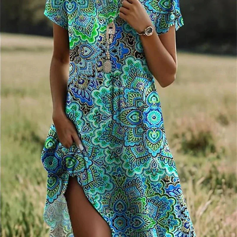 Boho Print Dress Lady Fashion O Neck Short Sleeve Loose Dresses For Women Casual Holiday Beach Skirt Robe Femme Summer New Dress