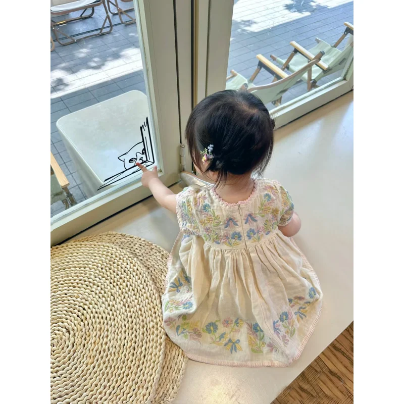 

Girls' Dress2025Summer New Nordic Style Children's Clothing Retro Fashion Embroidered Short Sleeve Round Neck Children's Dress