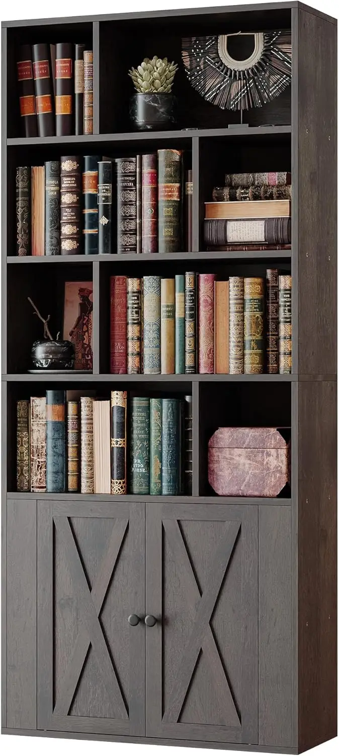 

Книжный шкаф IRONCK с дверцами, высокая книжная полка с местом для хранения, книжные полки и книжные шкафы с 8 открытыми кубиками для гостиной, спальни, O