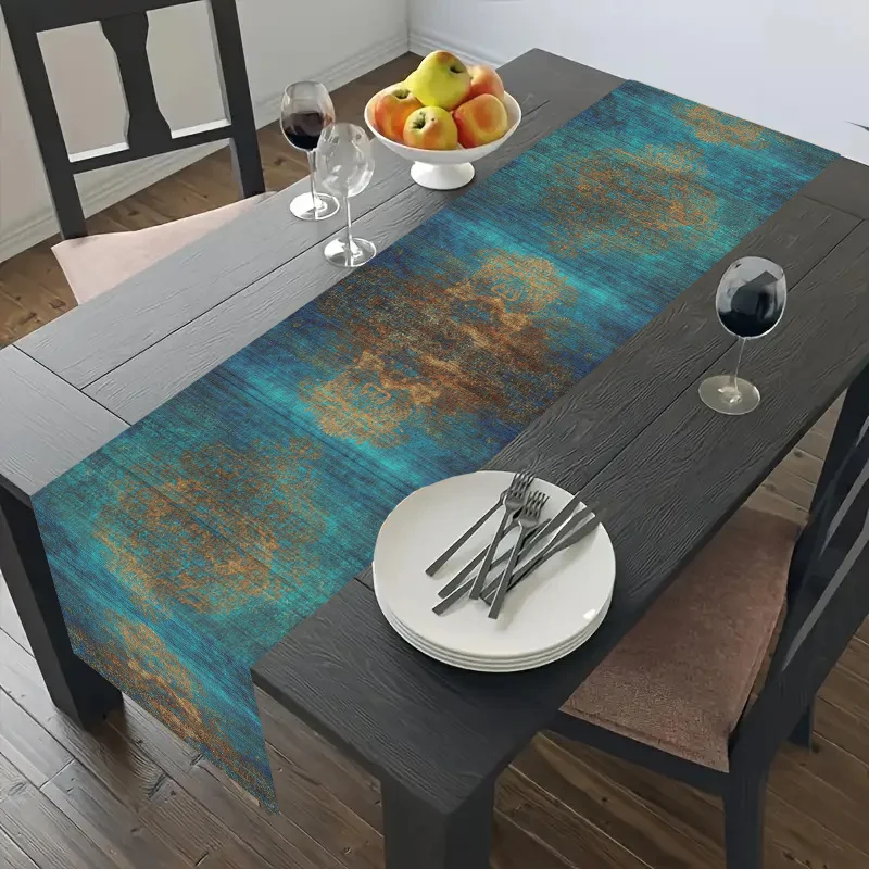 Dark Blue Retro Woven Table Runner -  Easy-Clean Home Kitchen Dining Decor